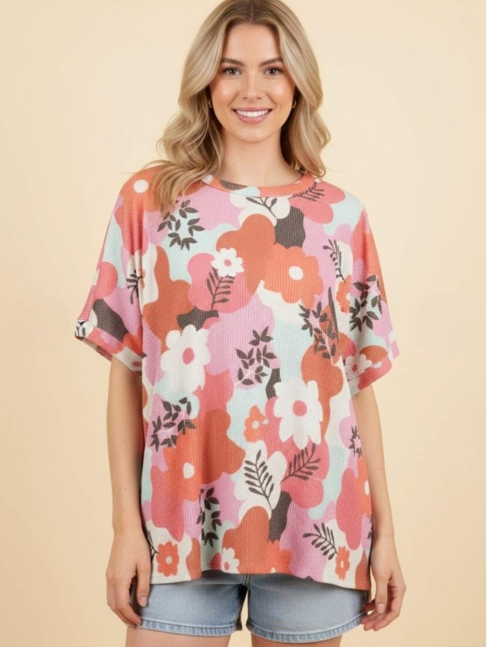 New Heimish Coral Floral Ribbed Top